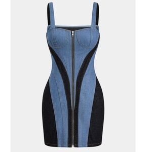Micas Contrast Denim Patchwork Zipper Bustier Dress
